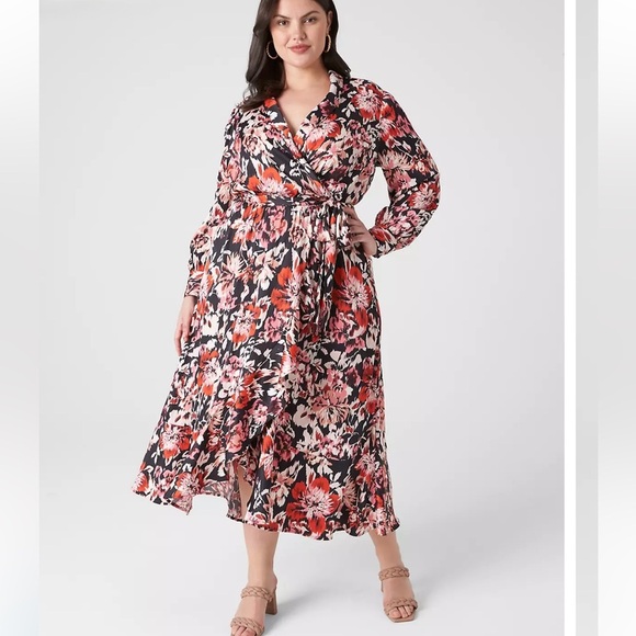 Lane Bryant Blouson-Sleeve Shawl-Collar Faux-Wrap Midi Dress Size 16 - Picture 1 of 8